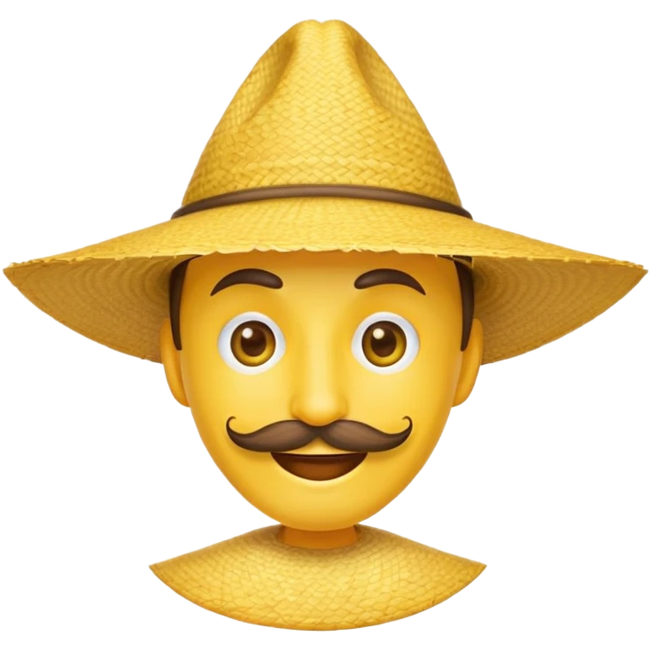 Yellow empji with thin long moustache, thin eyes, and pointy triangle shaped straw hat emoji