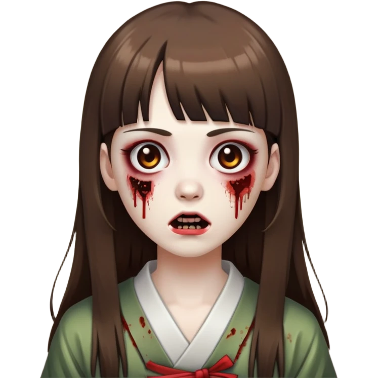 quero que voce crie uma foto baseada nesse emoji 🧟‍♀️ mas que seja uma zumbi com cabelo longo e castanho com franja meio japonesa. emoji