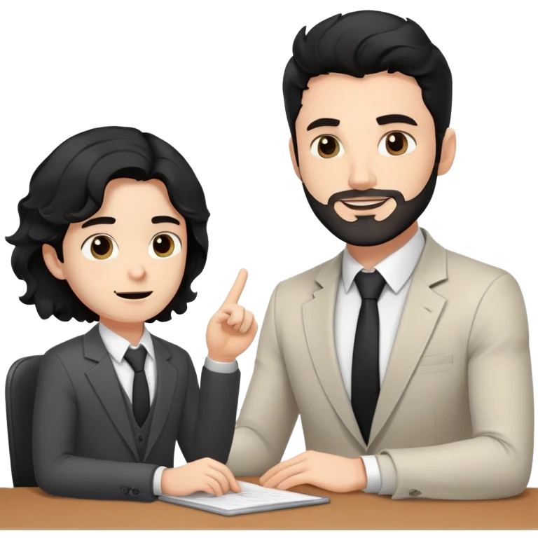 Professional 35-year-old man with black wavy hair, stubble, strong jawline, white skin tone, wearing smart casual business attire, sitting across from a young professional, providing one-on-one mentorship, gesturing with supportive and guiding expression emoji