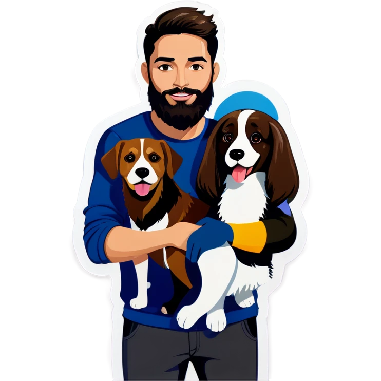 Brunette woman and brunette man with beard with a mixed race brown and black and white dog  emoji