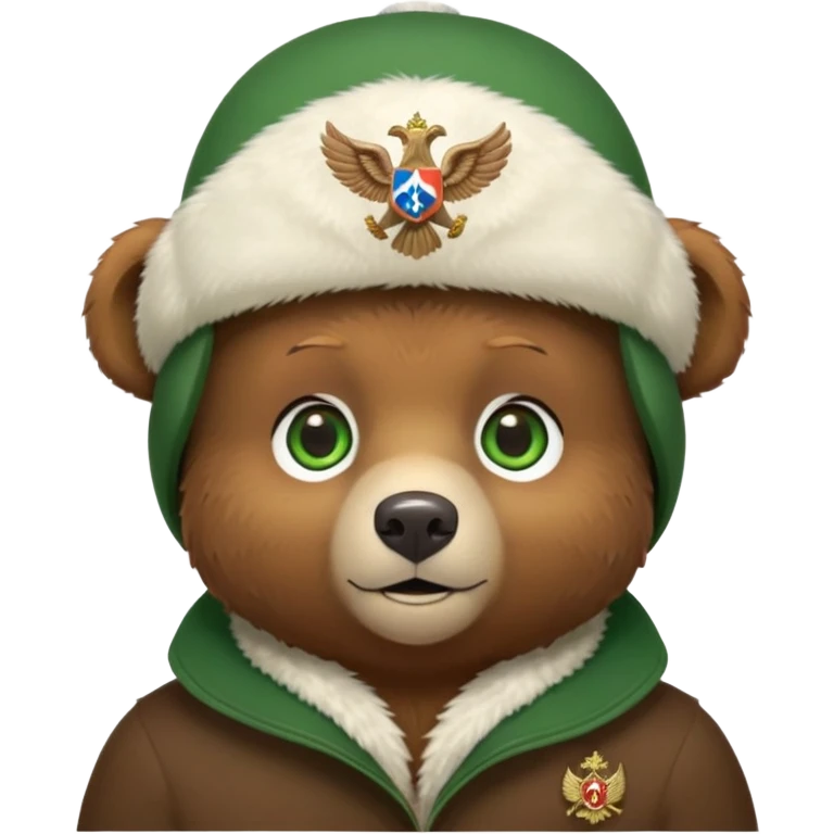 Small cute brown bear head only, innocent expression and green eyes, white ushanka hat with detailed Russian double-headed eagle emblem, no jacket or body, iOS emoji style emoji