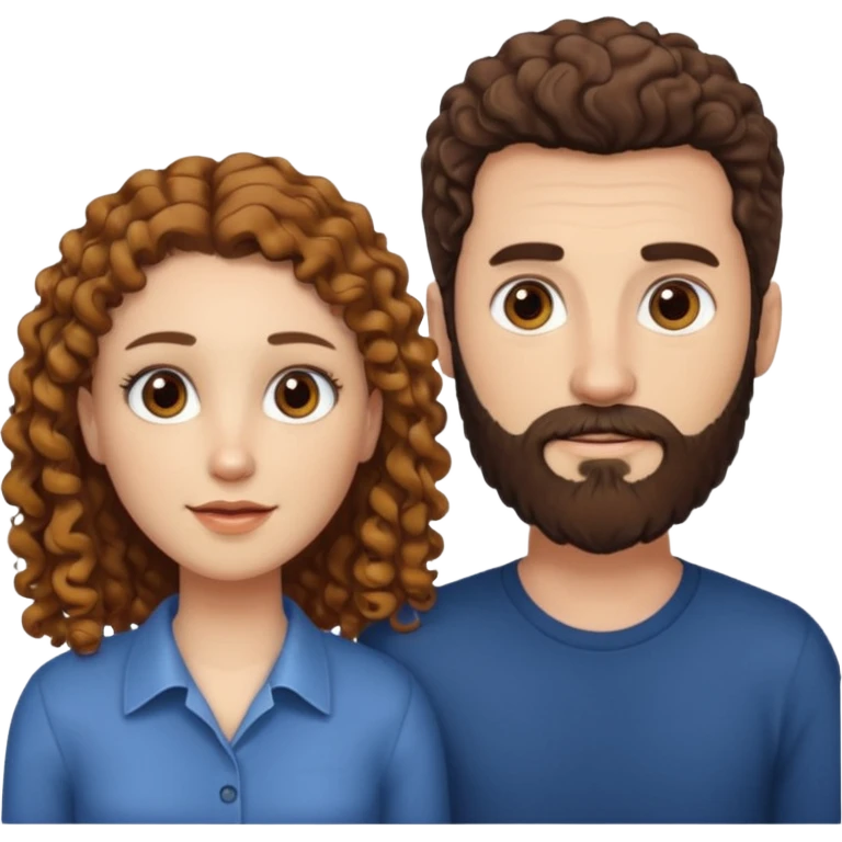 Casal - Homem branco de cabelo liso e olhos marrom, com barba e mulher de pele branca cabelo cacheado marrom e olhos mel emoji