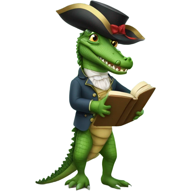 Crocodile wearing a colonial wig and high heels reading a book emoji