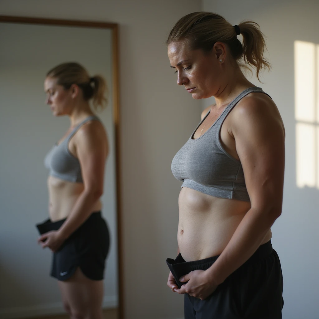 adult woman, photorealistic, unable to lose weight, despondent expression, standing in front of mirror, sportswear, natural light, bedroom background emoji