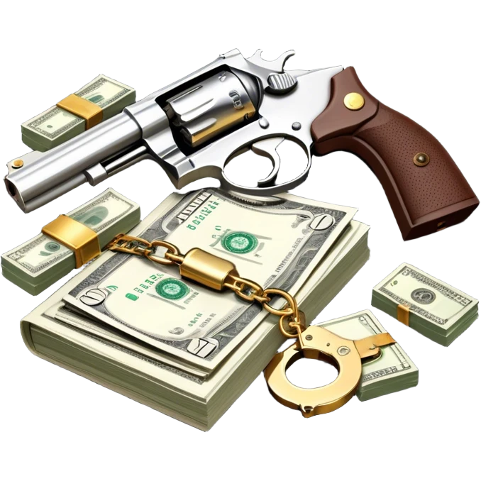Icon for Action & Crime Reading: an open book with intense action scenes, a revolver, handcuffs, and a stack of cash. Surrounding elements include a dark alley, a police badge, and a pair of sunglasses. The icon should evoke tension, suspense, and action. Transparent background. emoji