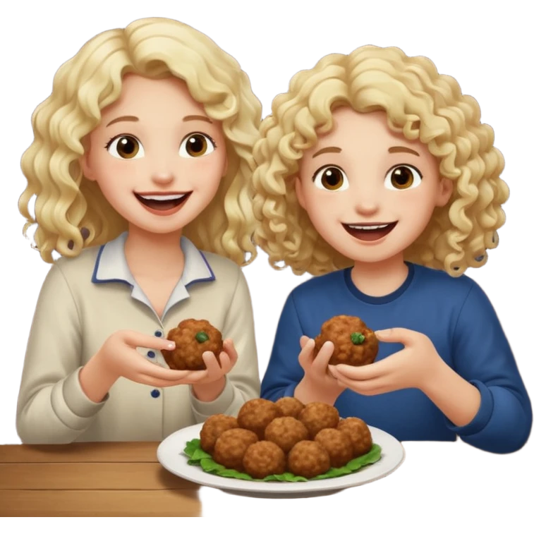 Ragazza bionda leggermente riccia e lunghi che ride ad un ragazzo con i capelli ricci scuri mentre mangia polpette emoji