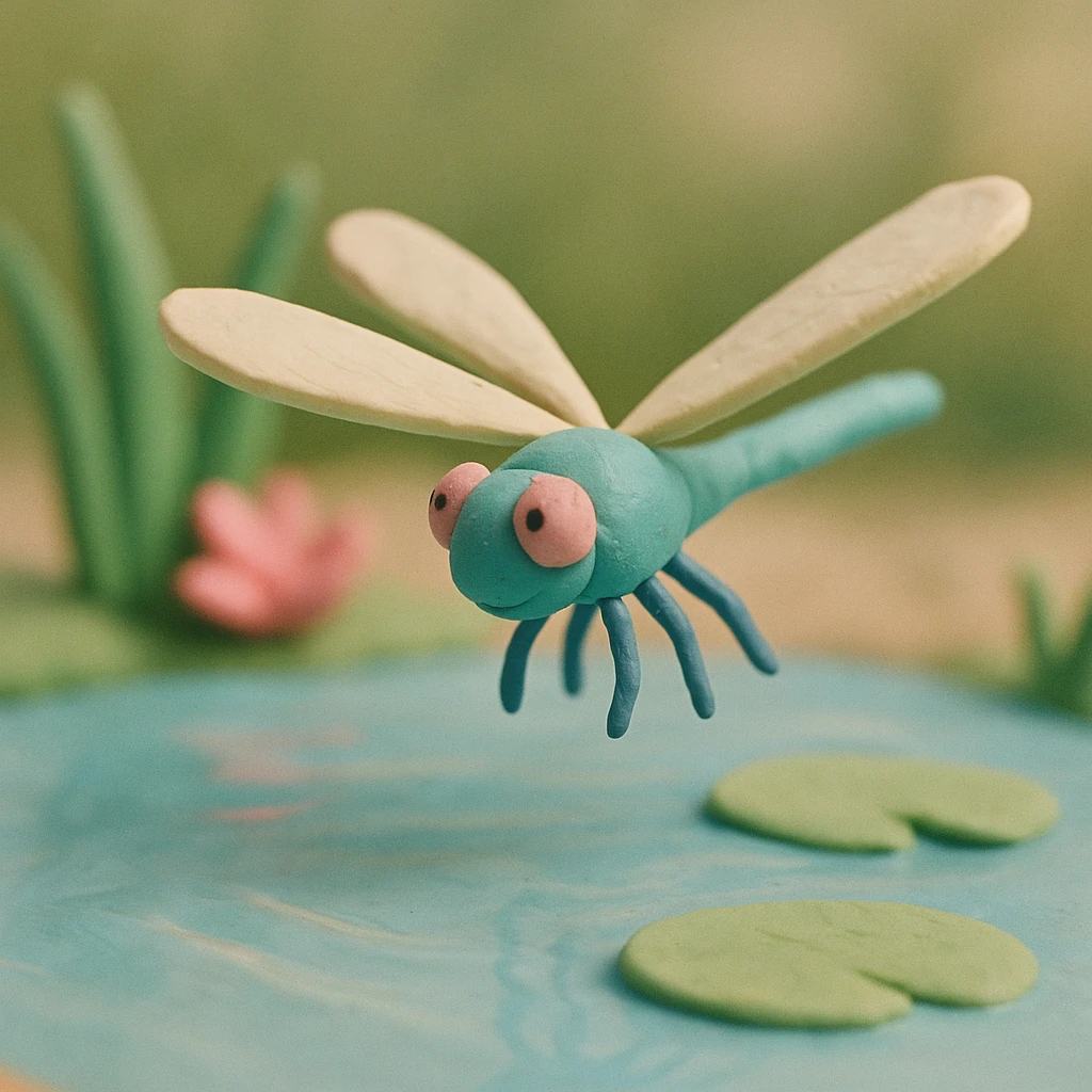claymation style dragonfly hovering above a pond, soft pastel colors, visible wings and water reflections emoji