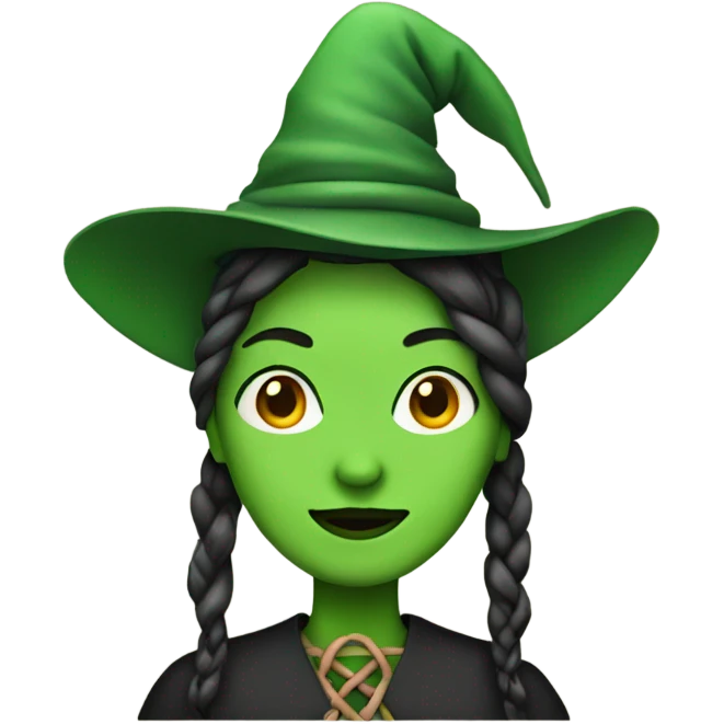 Green woman with a braid and witch hat emoji