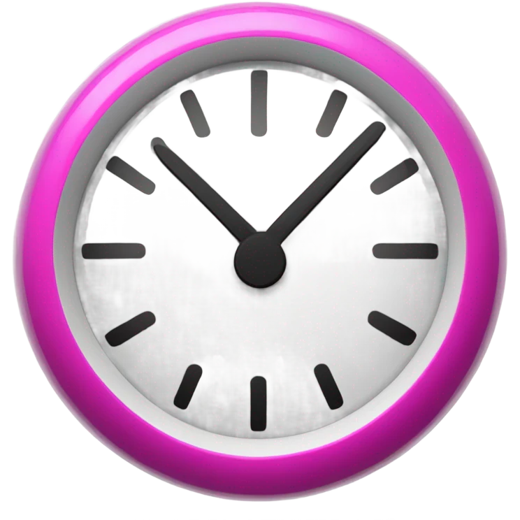 A fucsia alarm clock with black eyes and a white dial for a face emoji