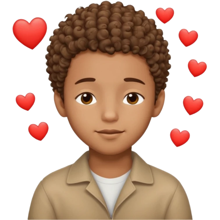 Brown boy with a dro fade haircut his hair is curly dreaming about his girlfriend small smirk on his face eyes closed with a little heart above his head emoji