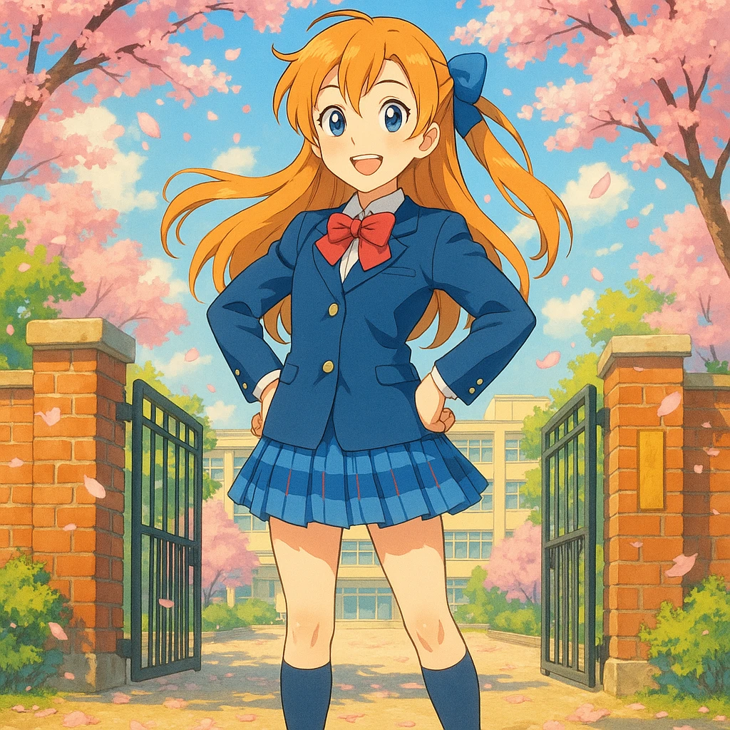 bright and cheerful anime schoolgirl standing confidently in front of her school gate during spring, cherry blossoms fluttering around, long light orange hair in a side ponytail with a blue ribbon, expressive blue eyes, warm smile, classic Japanese high school uniform with navy blue blazer, white blouse, red ribbon bow, blue checkered skirt, knee-high navy socks, brown loafers, vibrant 2D anime style inspired by Love Live!, lively background with high attention to color and lighting emoji