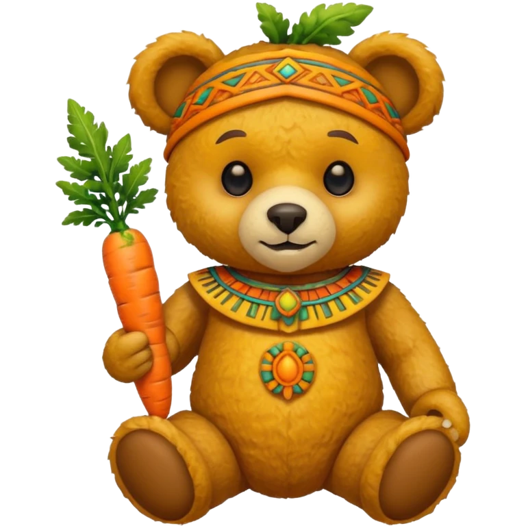 teddy bear half body, wearing yellow mayan ancient custome, with carrot half body emoji