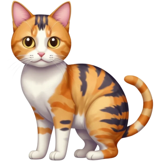 full body anxious looking colourful calico tabby cat with tiny head to large body with fully white front legs emoji
