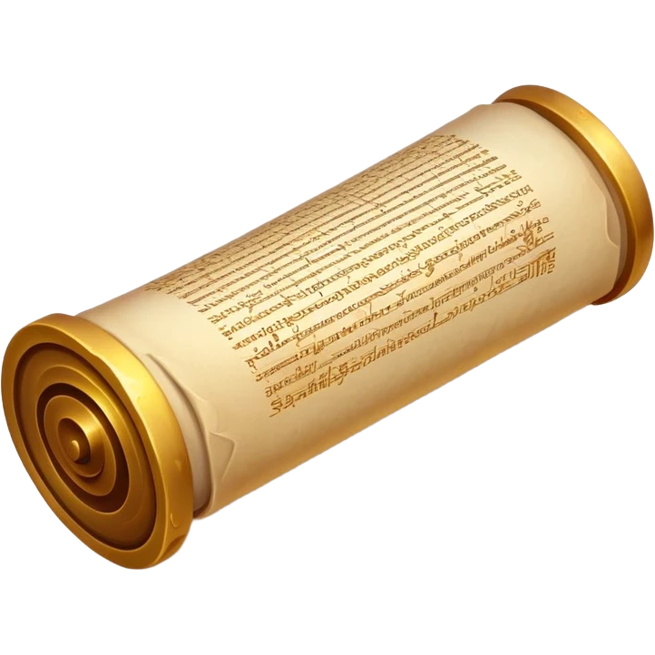 An emoji of an unrolled ancient scroll with glittering gold inscriptions. Tiny magical sparks float around it. A pure white background. emoji
