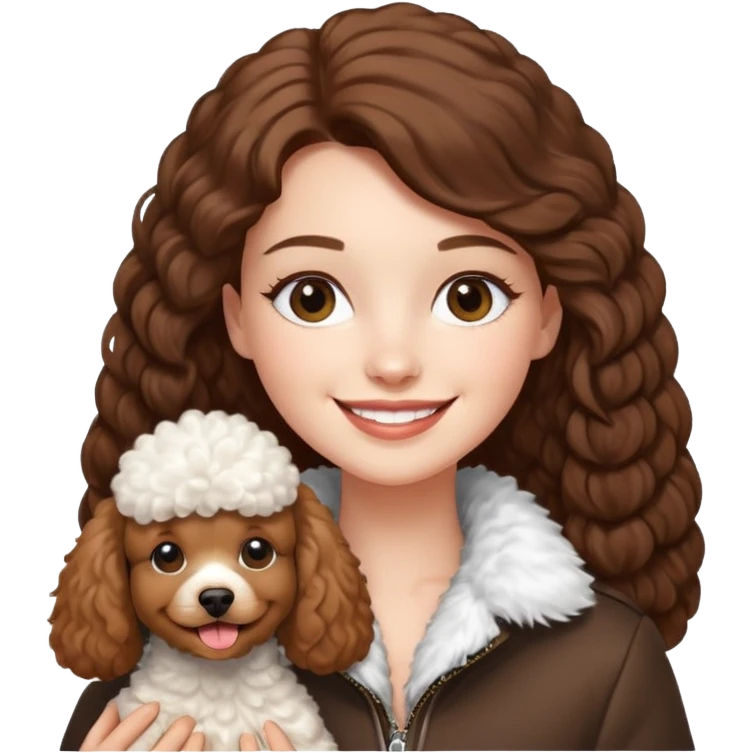 A white girl smiles a broad smile. She parts a long straight brown hair in middle. and she wears a white fur jacket. She also holds one brown poodle. emoji