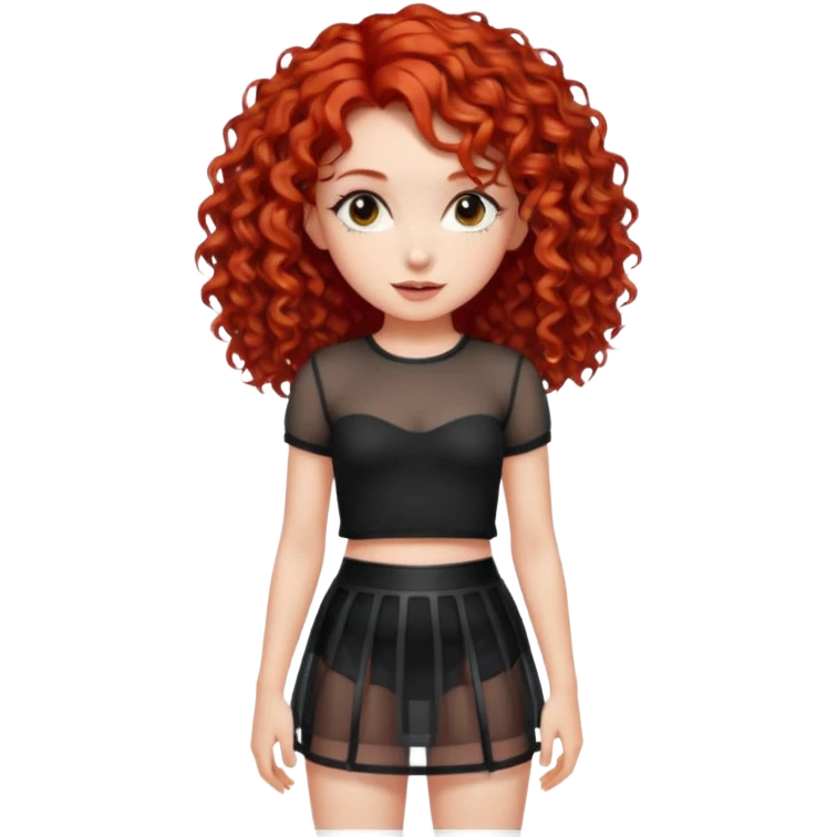 Naked red curly haired girl with very large big boobs and cleavage.  Thin waist and wide sexy hips. Her boobs are naked but wearing a see-thru black mesh very short mini-skirt emoji
