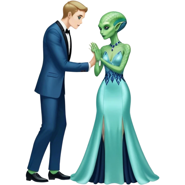 alien reptilian green skin woman, in long slim pastel blue formal party satin dress with gradient shiny sparkling navy blue diamonds embroidered , and caucasian man in black dres on his knees asks her to marry her emoji