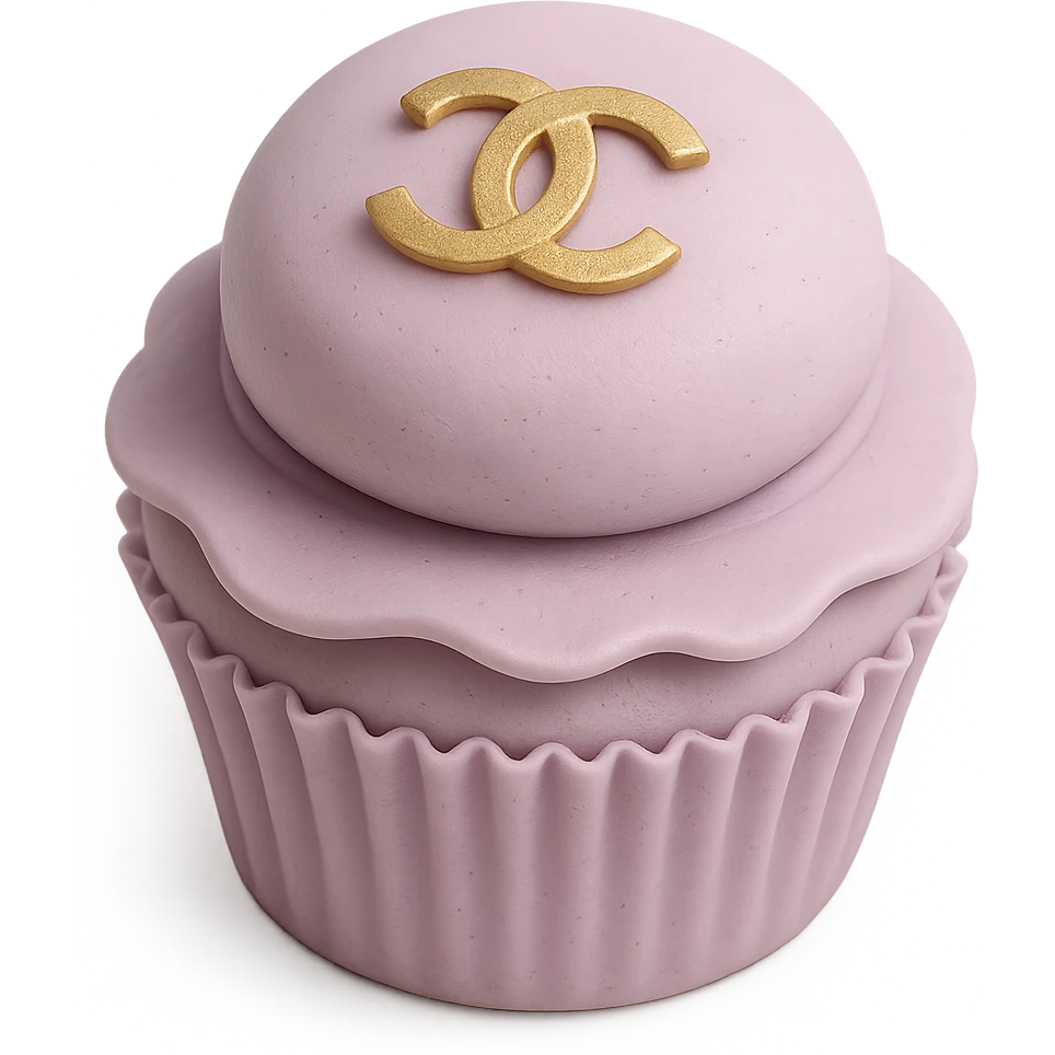 pastel lavender Chanel cupcake with a gold logo accent, luxury style emoji