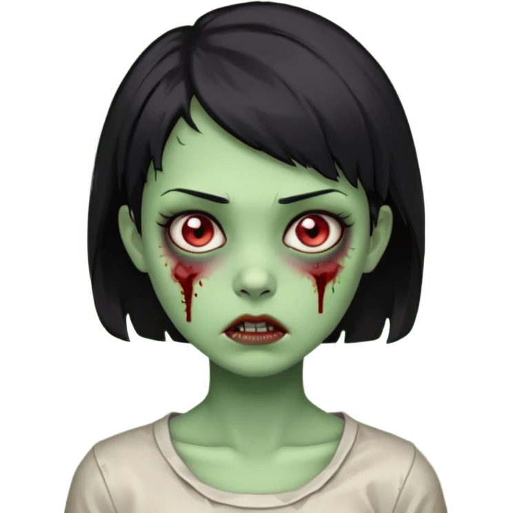 Emoji zombie girl verde com cabelo preto curto com uma expressão impassivel emoji