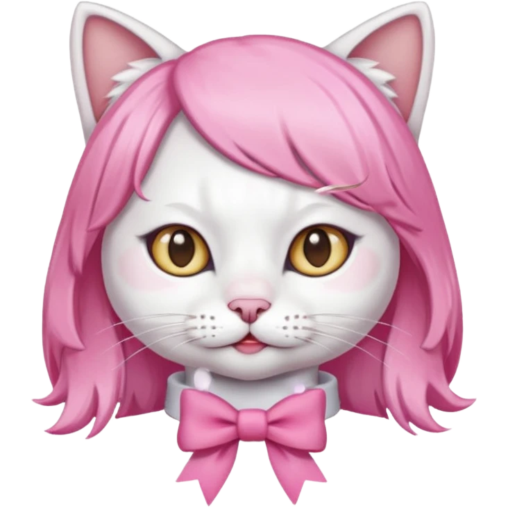 White cat wearing pink wig and bow emoji