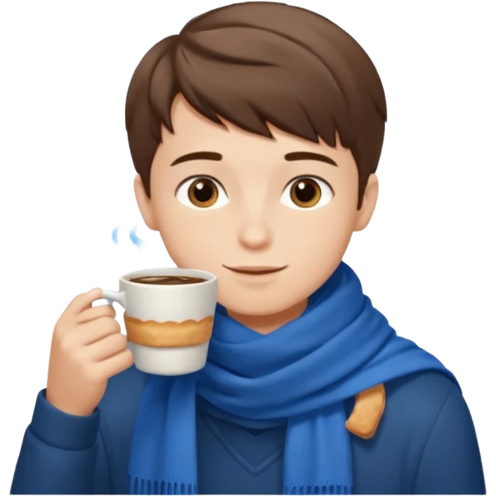 a boy with short hair, having scarf,  drink coffee, enjoy emoji