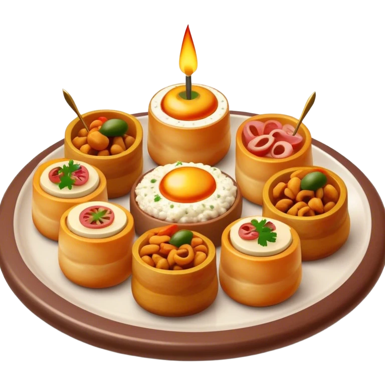 Tapas (4 Pintxos) Cinematic Realistic Tapas Dish Emoji, depicted as an assortment of 4 pintxos elegantly arranged on a plate, rendered with lifelike textures and vibrant, inviting lighting. emoji