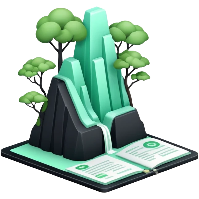 Environnement (Environment), 3D technical icon with black and mint green (#B5F4D3), environmental impact assessment document with regulatory compliance indicators and sustainability metrics emoji