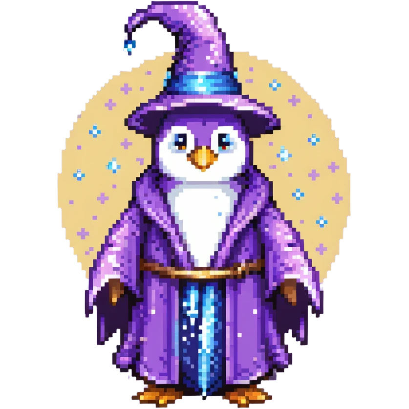Penguin wizard with purple robe and blue magical sparkles emoji