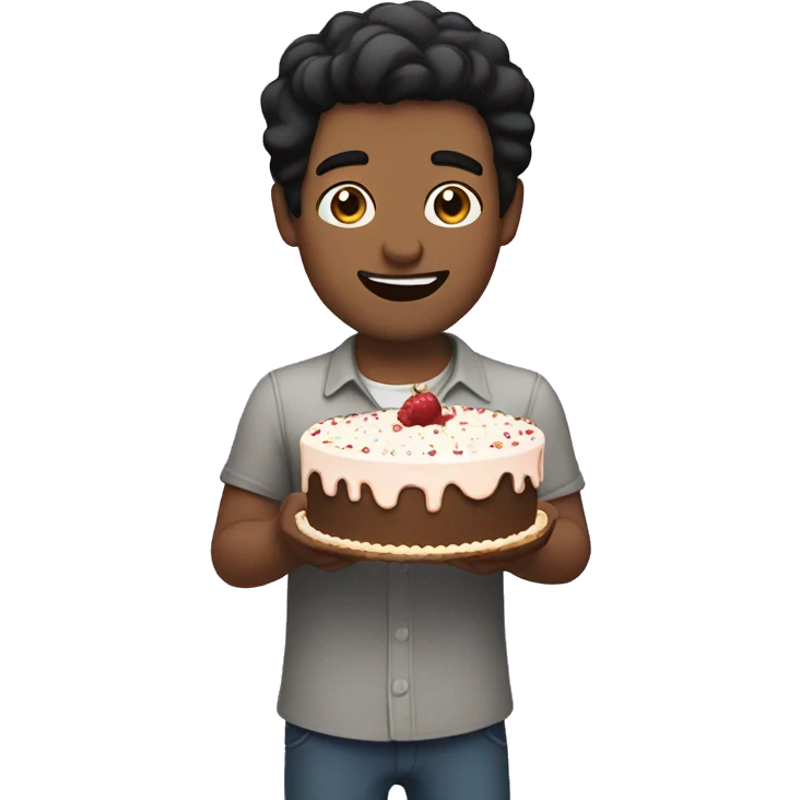 Make a guy with black hair holding a cake emoji