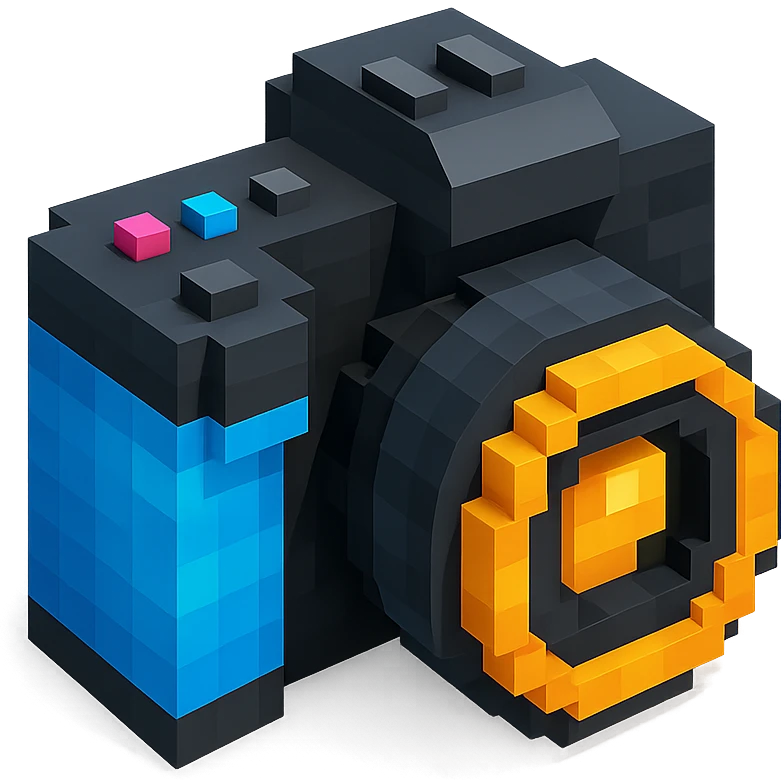 modern DSLR camera, isometric view, voxel style emoji