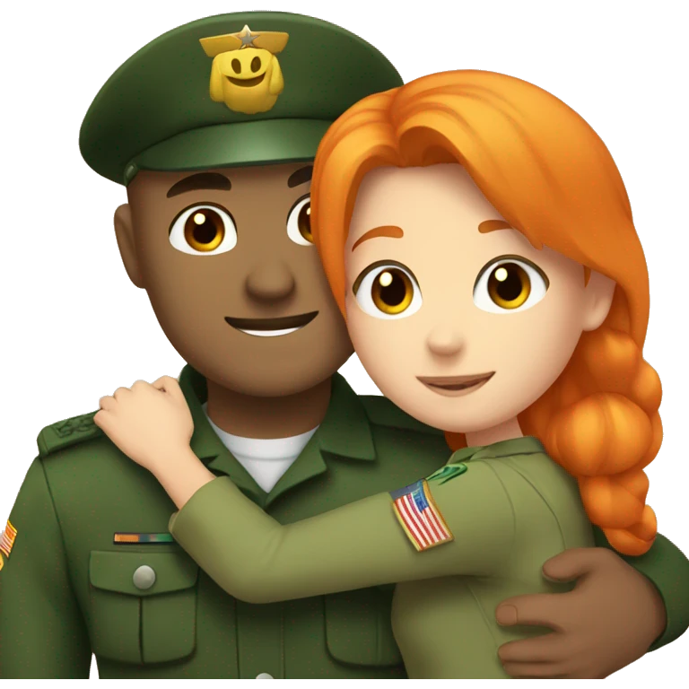 a orange hair girl hugs, a dark haired white man in a green military uniform emoji