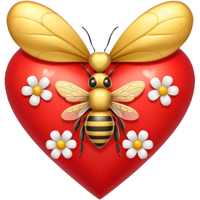 heart with flowers and bees, gold bow with heart pattern on the bow, apple emoji style emoji