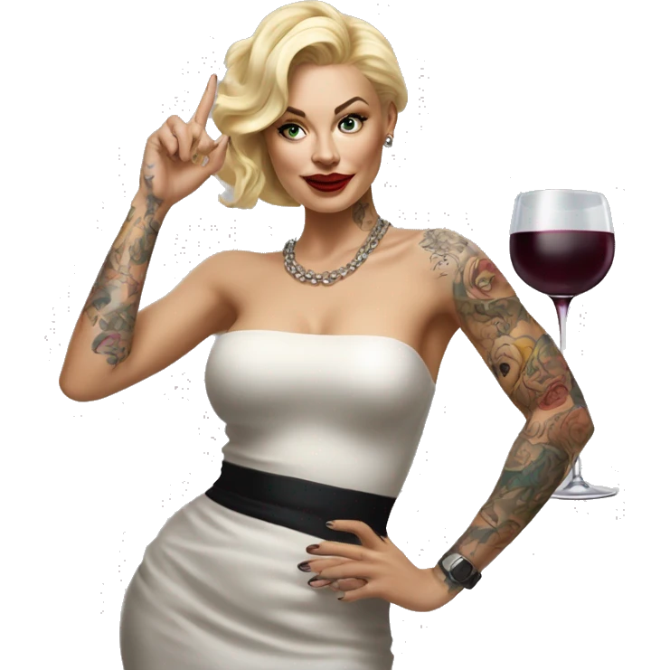 Blonde elegant women, her body covered with tattoos, wine in her one hand, Pointing Forward with her Other Hand , Hyper realistic emoji