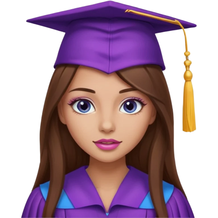 pretty girl with beautiful extremely long brown hair, blue eyes, long lashes makeup, sexy pink lips, wearing a purple graduation cap and gown emoji