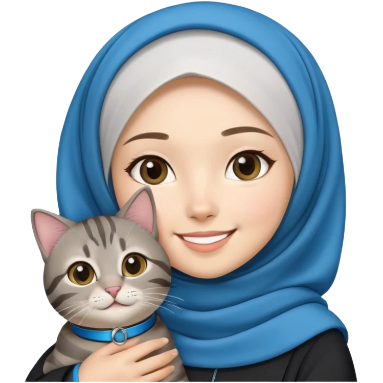 Asian White girl wearing hijab holding a black grey tabby cat while smiling. The cat is wearing a blue collar emoji