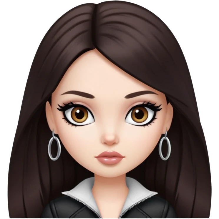pretty bratz girl, long dark brown hair, dakr brown eyes, black eyeliner, pale skin emoji