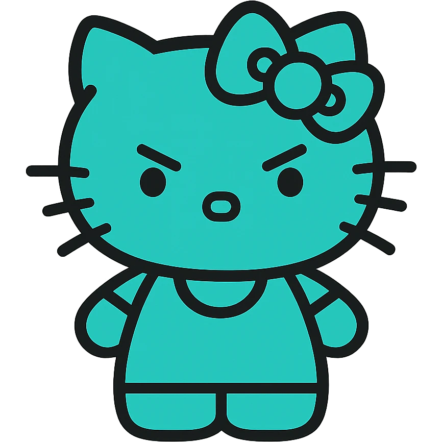 Hello Kitty character, teal color, angry expression, simple and iconic style emoji