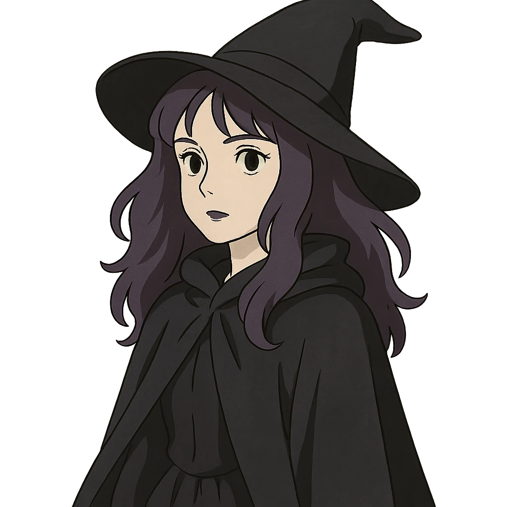 gothic woman with purple hair, witchy touch, wearing a black cloak, ghibli style emoji