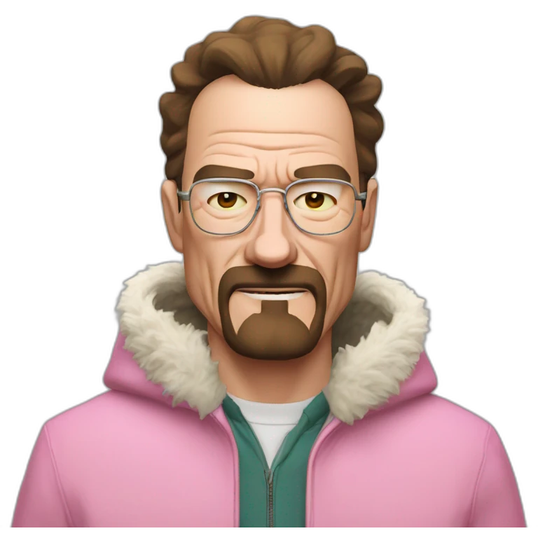 walter white wearing a pink wolf furry suits, His cheeks reflect a slight blush, expressing a reaction mixed with excitement and embarrassment. emoji