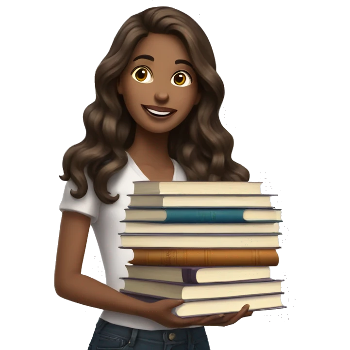 brunette long wavy hair highlights woman while holding large stack of books emoji