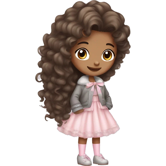 Girl with brown long curly hair cute and baby pink princess dress and gray fluffy jacket and baby pink bow and white stockings and black high heels adorable emoji