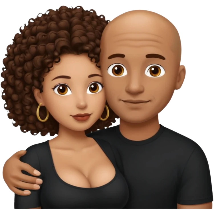 A mixed girl, the girl is wearing a black shirt, the girl has brown curly hair  and the girl has big boobs. A Mexican man is embracing her, with bald hair and clean shaven emoji