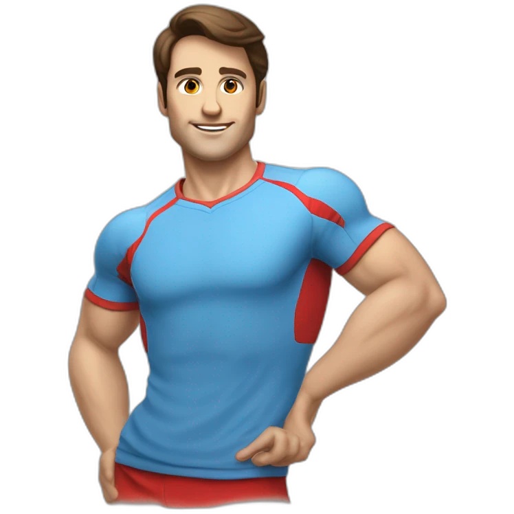 retro 70s blue and red gym clothes for a modern white brunette uni male student with glass emoji