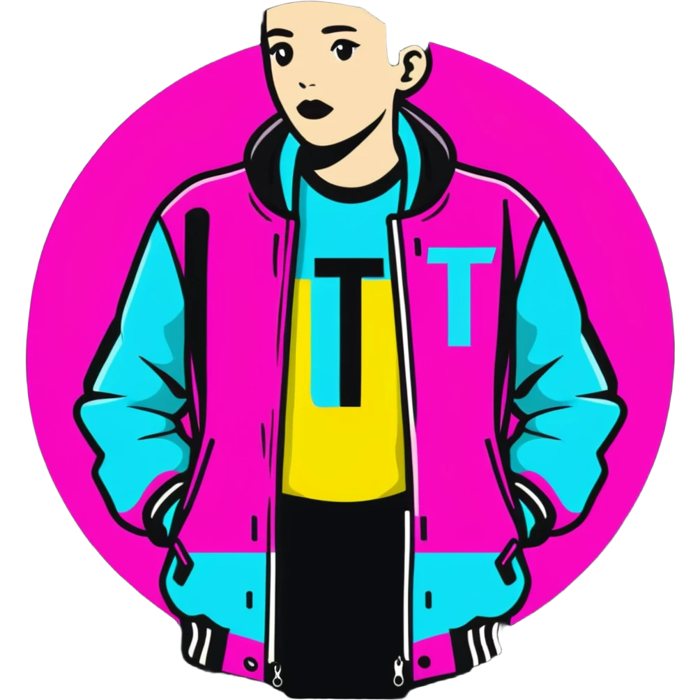 Minimalist sticker with white 'tt' letters on a black circle with cyan, magenta, and yellow dots below, jacket with street style influence emoji