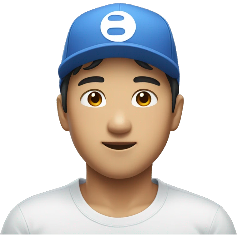 A handsome Asian boy wearing a blue short sleeve shirt and a white cap hat upside down emoji