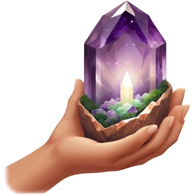 Ethereal hand silhouette (barely visible) cradling a raw amethyst geode prism, light refracting into natural scenes (e.g., skincare products in a spa), moss green (#8A9B6E) and terracotta (#B47157) gradients, soft bokeh light spots, earthy yet luxurious vibe  emoji
