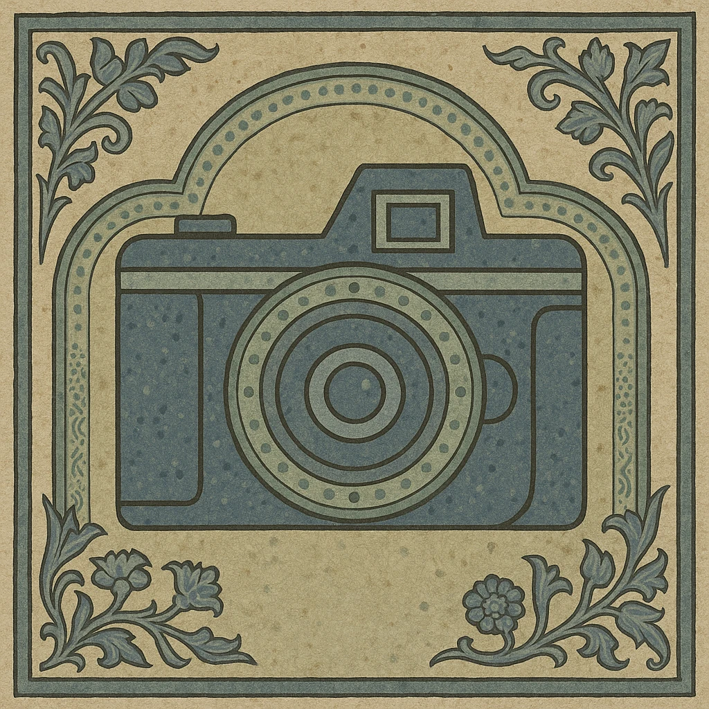 a camera, medieval art style, historical and ornate emoji