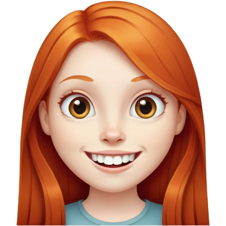traditional emoji of young girl with very pale skin, long straight bright ginger red hair, very big wide human eyes, wide nose, big smile with extremely large prominent teeth showing, classic round face emoji