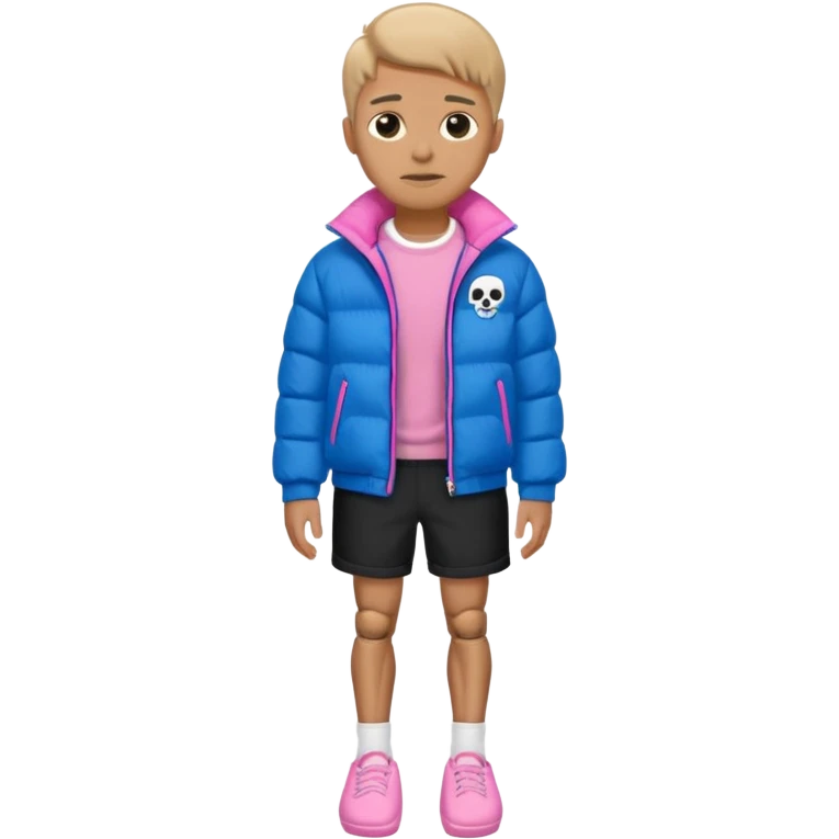 A skeleton with a white shirt blue puffer black shorts and pink slippers emoji