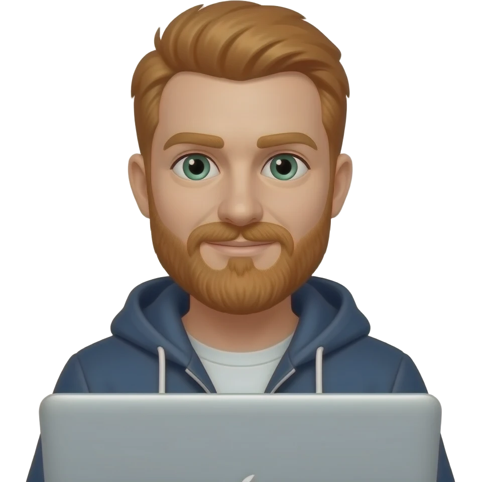 40 year old, Redheaded, beard male, green eyes, looking over macbook pro emoji